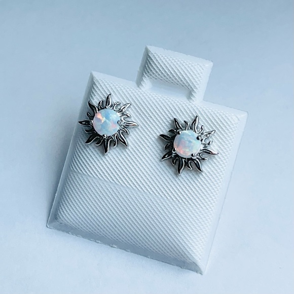 Sterling Silver White Lab Opal Blazing Sun Earrings, Silver Stud Earring, - Picture 10 of 10